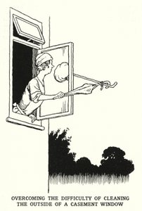 ケースメント窓の外側を掃除する難しさを克服（リトグラフ 作： William Heath Robinson