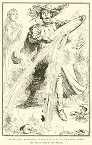 すべての料理で欠点を見つけるふりをして、ペトルチオは床に肉を投げました 作： William Heath Robinson
