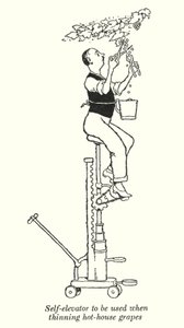 ホットハウスでのブドウの間引き作業時に使用するセルフエレベーター（リトグラフ 作： William Heath Robinson
