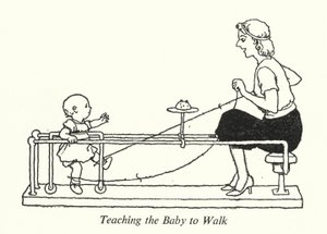 赤ちゃんに歩くことを教える（リトグラフ 作： William Heath Robinson