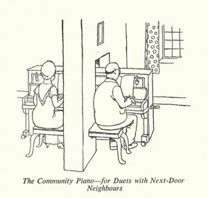 隣人とのデュエットのための「コミュニティ・ピアノ」（リトグラフ 作： William Heath Robinson