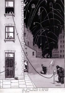 真夜中に特別警護官を呼び起こす最新の方法」、『発明』の挿絵、ダックワース1973年（ペンとインク、水彩画） 作： William Heath Robinson