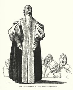 パンタグリュエルの前で嘆願するサックフィスト卿（リトグラフ 作： William Heath Robinson