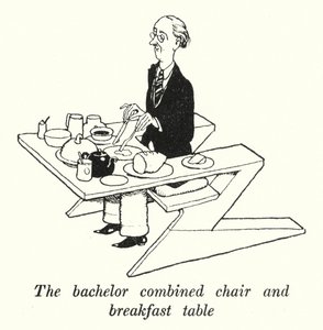 独身者の組み合わせた椅子と朝食用テーブル（リトグラフ 作： William Heath Robinson