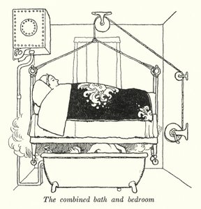 バスルームとベッドルームが一体化している様子（リトグラフ 作： William Heath Robinson