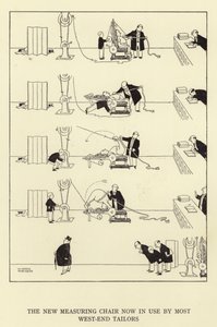 現在ほとんどのウエストエンドの仕立て屋で使用されている新しい測定椅子 作： William Heath Robinson