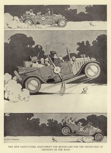 道路上の鶏を保護するための自動車用の新しい安全フォーク調整 作： William Heath Robinson