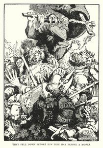 刈り払い機の前の干し草のように、彼の前に倒れた（リットー）。 作： William Heath Robinson