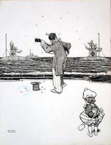 ヤーマスの砂浜で敵と交易する（"Some Frightful War Pictures "より）。 作： William Heath Robinson