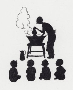 赤ちゃんを洗う（リトグラフ 作： William Heath Robinson