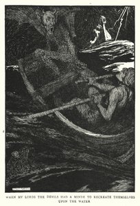 殿方が水の上で悪魔を再現するためのミニマムを持っていたとき（リトグラフ 作： William Heath Robinson