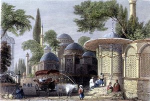 ロバーツ・サンズ（1792-1855）が彫刻した「チャザーデの噴水とモスク」1850年頃（アクアチント