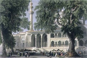 イスタンブールの「イェニ・ジャミ」（スルタナ・ヴァリッドのモスク）、J.C.ヴァラルの彫刻、1850年頃（アクアチント 作： William Henry (after) Bartlett
