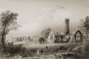 1860年代のジョージ・バーチューによる「アイルランドの風景と古代」からのアイルランド、リムリック州アデアのオーガスティン修道院 作： William Henry Bartlett
