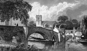 1829年に出版されたB.ウィンクルスによって刻まれたアイルズフォード教会と橋 作： William Henry Bartlett
