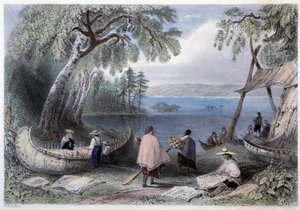 オタワ川近くのパッパーズ諸島でのカヌー製作 - Bartlett W. H. 著「Canadian scenery illustrated」より 作： William Henry Bartlett