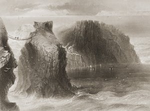 1860年代のジョージ・バーチューによる「アイルランドの風景と古代」からのキャリックアリードロープブリッジ、アントリム州、北アイルランド 作： William Henry Bartlett