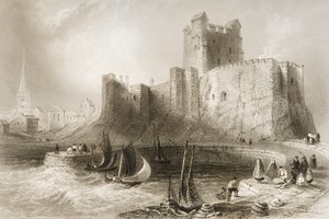 ジョージ・バーチュー著「アイルランドの風景と古代」1860年代から北アイルランド、アントリム州キャリックファーガス城 作： William Henry Bartlett