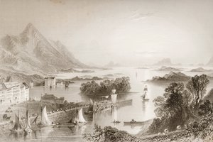 1860年代のジョージ・バーチューによる「アイルランドの風景と古代」から、メイヨー州ウェストポートから見たクルーベイ 作： William Henry Bartlett
