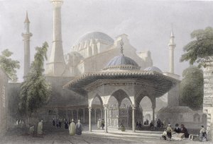 イスタンブールの聖ソフィアの裁判所と噴水、J。レダウェイの刻印、1850年頃（アクアチント）
