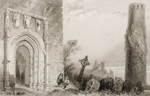 1860年代のジョージ・バーチューによる「アイルランドの風景と古代」から、アイルランド、オファリー州クロンマクノワ、寺院への玄関口 作： William Henry Bartlett
