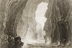 1860年代のジョージ・バーチュー著「アイルランドの風景と古代」から北アイルランド、アントリム州ダンケリー洞窟 作： William Henry Bartlett