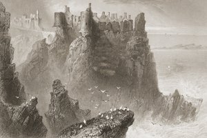 1860年代のジョージ・バーチューによる「アイルランドの風景と古代」からの北アイルランド、アントリム州ダンルース城 作： William Henry Bartlett