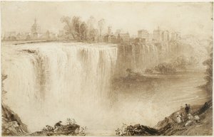 ジェネシーフォールズ、ニューヨーク州ロチェスター：彫刻の研究、1836年（紙に傷を付けて茶色のインクで洗う） 作： William Henry Bartlett
