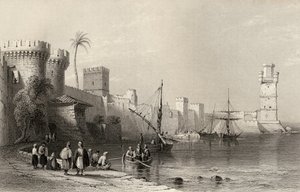ギリシャのロードス島の港、JCアーミテージ（1820-97）によって彫刻
