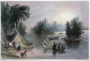 インディアンのティピとカヌー、サンローラン川岸 - W.H.バートレット著「Canadian scenery illustrated」（ロンドン）より 作： William Henry Bartlett