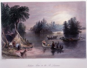 サン・ローラン川のほとりのインディアンの野営地 - バートレットW.H.著「Canadian scenery illustrated」による。 作： William Henry Bartlett