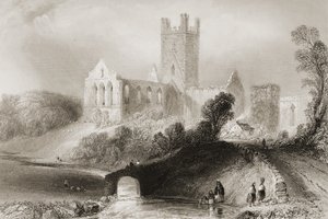 1860年代のジョージ・バーチューによる「アイルランドの風景と古代」からのアイルランド、キルケニー州のジャーポイント修道院 作： William Henry Bartlett