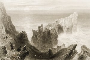 1860年代のジョージ・バーチューによる「アイルランドの風景と古代」からの北アイルランド、アントリム州バリーキャッスル近くのケンバーン城 作： William Henry Bartlett