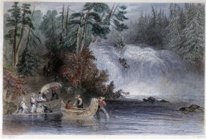 入植者による急流の通過時にカヌーを履いている人たち-ロンドンのW.H.バートレットの「Canadian scenery illustrated」に掲載されています。 作： William Henry Bartlett