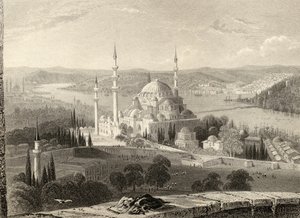 H. Adlardによって彫刻されたトルコ、イスタンブールのセラスキエの塔からのスリーマンのモスクと墓