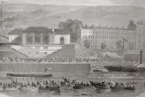 1860年代のジョージ・バーチューによる「アイルランドの風景と古代」からのアイルランド、コーク州、コークハーバーでの海軍ボートレース 作： William Henry Bartlett
