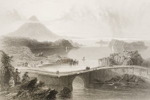 1860年代のジョージ・バーチューによる「アイルランドの風景と古代」からのアイルランド、メイヨー州、ラフ・コンのポンツーン橋 作： William Henry Bartlett