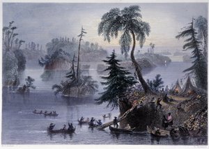 サウザンド・アイルズの風景。Camp and Boats, Mille îles - Bartlett W. H. による「Canadian scenery illustrated」の中で。 作： William Henry Bartlett