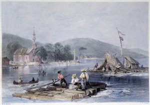 2つの山の湖での入植者の筏と木材の輸送 - バートレットW.H.の「Canadian scenery illustrated」の中で。 作： William Henry Bartlett