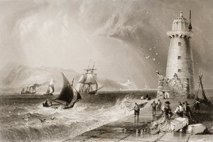 1860年代のジョージ・バーチューによる「アイルランドの風景と古代」からのダブリンの遠くにあるハウスヒルのあるサウスウォール灯台 作： William Henry Bartlett