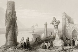 「アイルランドの風景と古代」（131074を参照）のアイルランド、オファリー州クロンマクノワにある古代の十字架と丸い塔 作： William Henry Bartlett