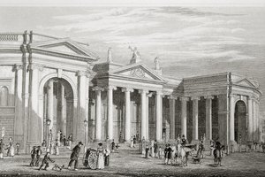 1729年代にジョージヴァーチュー作「アイルランドの風景と古代」から1860年に建てられたアイルランド銀行、ダブリン 作： William Henry Bartlett