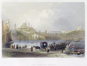 イスタンブールの浮橋、JCベントレーによって彫刻された、1850年頃（アクアチント） 作： William Henry Bartlett