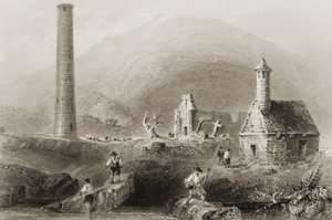 1860年代のジョージ・バーチューによる「アイルランドの風景と古代」からのアイルランド、ウィックロー州グレンダーロッホの遺跡 作： William Henry Bartlett