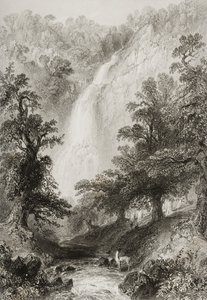1860年代のジョージ・バーチューによる「アイルランドの風景と古代」からの滝、パワーズコート、ウィックロー州、アイルランド 作： William Henry Bartlett