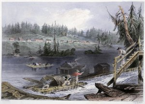 レ・シャッツ」への木の運搬 - バートレットW.H.著「図説カナダの風景」より 作： William Henry Bartlett