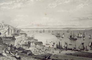 ジョージ・バーチュー、1860年代の「アイルランドの風景と古代」から、1830年代にアイルランドのコーク州、ロステランに向かっているコーブ港の眺め
