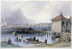 セント・ジョンズのリシュリュー川に架かる橋の風景（ウィリアム・ヘンリー・バーレット編『Canadian Scenary illustrated』所収ジョージ・バーチュー 作： William Henry Bartlett