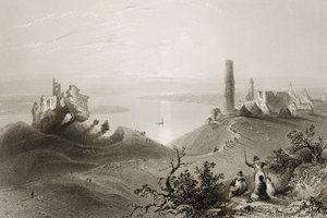 1860年代のジョージ・バーチューによる「アイルランドの風景と古代」からのアイルランド、オファリー州「クロンマクノワの7つの教会」の眺め 作： William Henry Bartlett