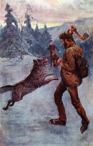 「彼が発砲したところ、その獣は跳ね上がった瞬間に、唸りながら倒れた」（カラーリトグラフ